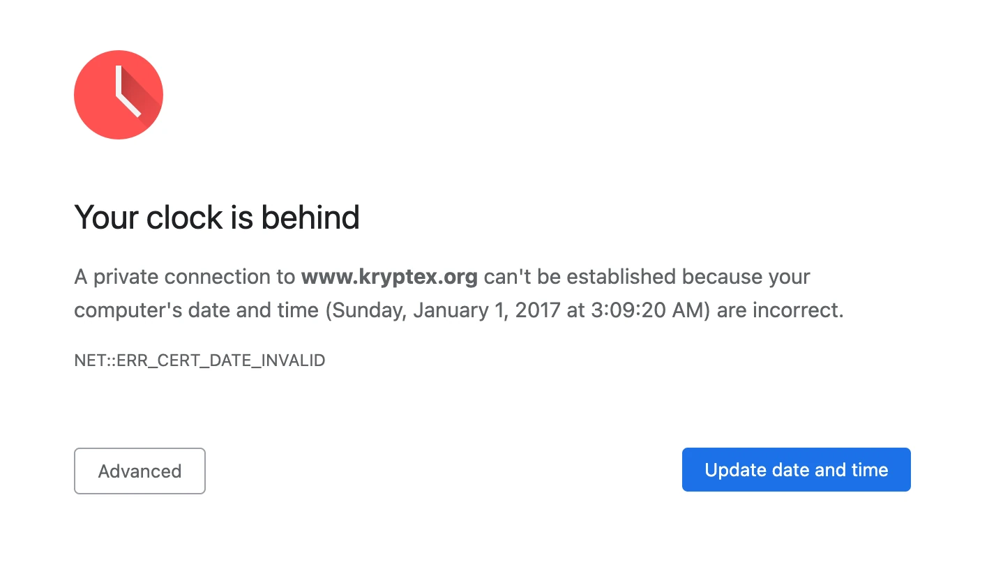 The CERTIFICATE IS NOT YET VALID error will appear in the Kryptex window