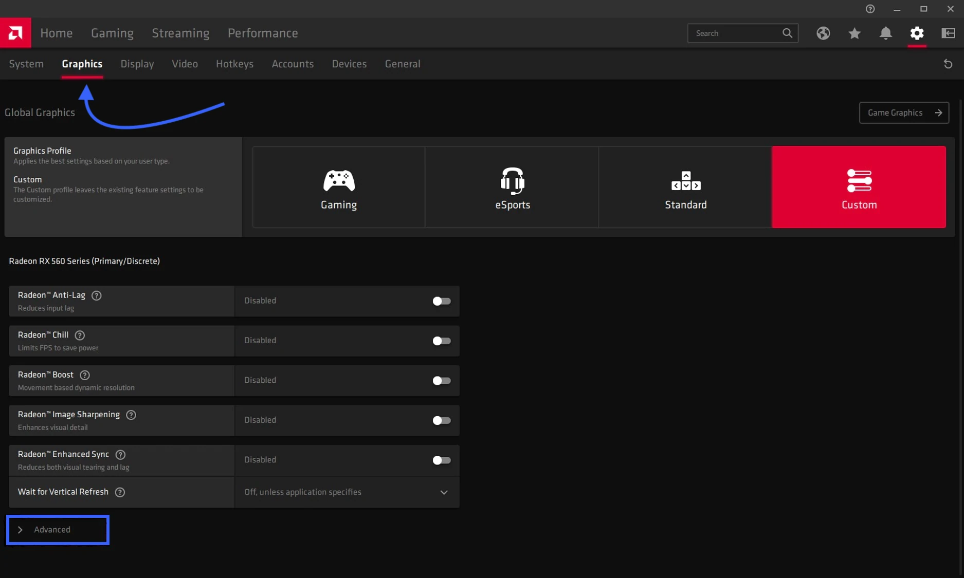 Graphics settings and advanced