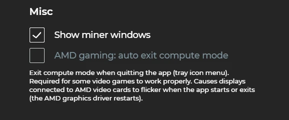 Misc -> Show miner windows