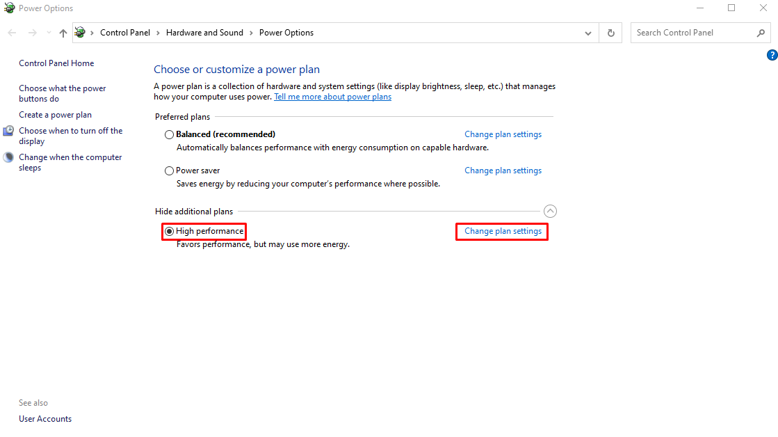 High-performance → Change plan settings