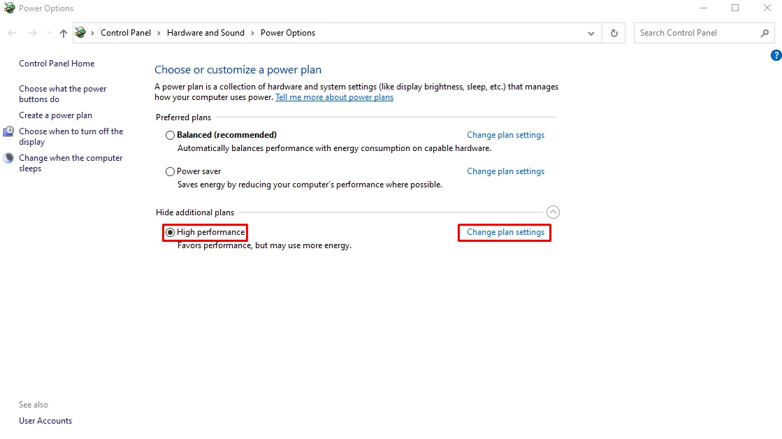 High-performance → Change plan settings