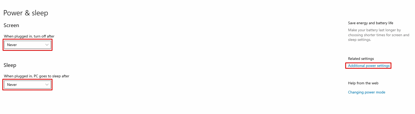 Power & Sleep → Additional power settings