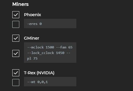 Miner's settings