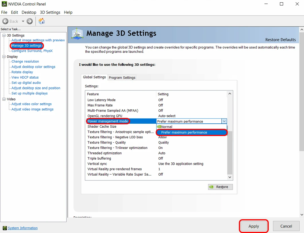 Choose option: Prefer maximum performance