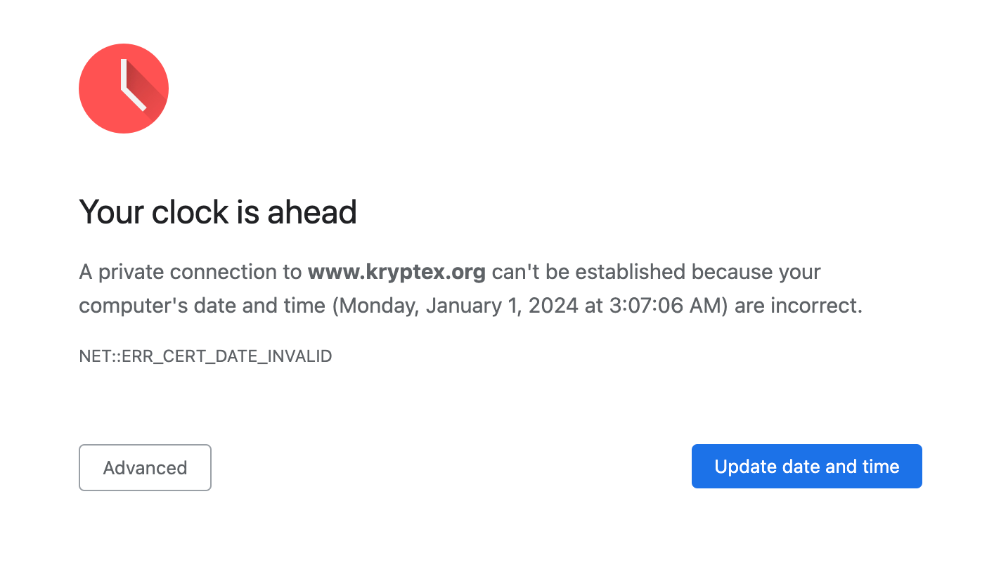 The CERTIFICATE HAS EXPIRED error will appear in the Kryptex window