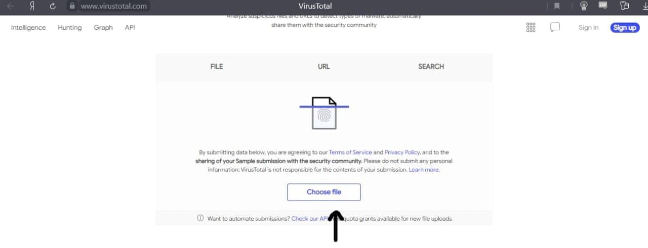 Uploading the file to VirusTotal