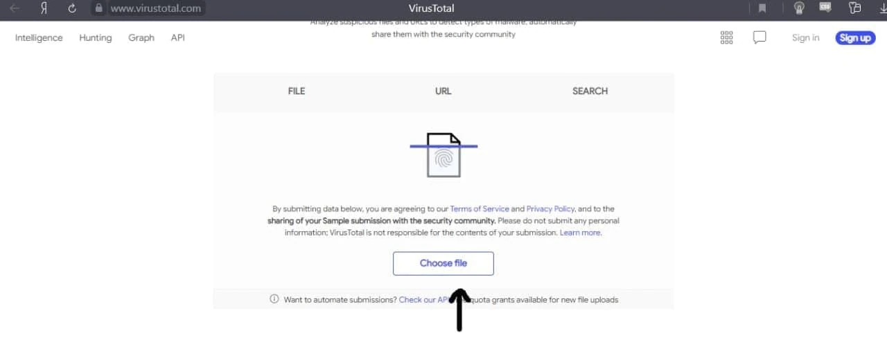 Uploading the file to VirusTotal
