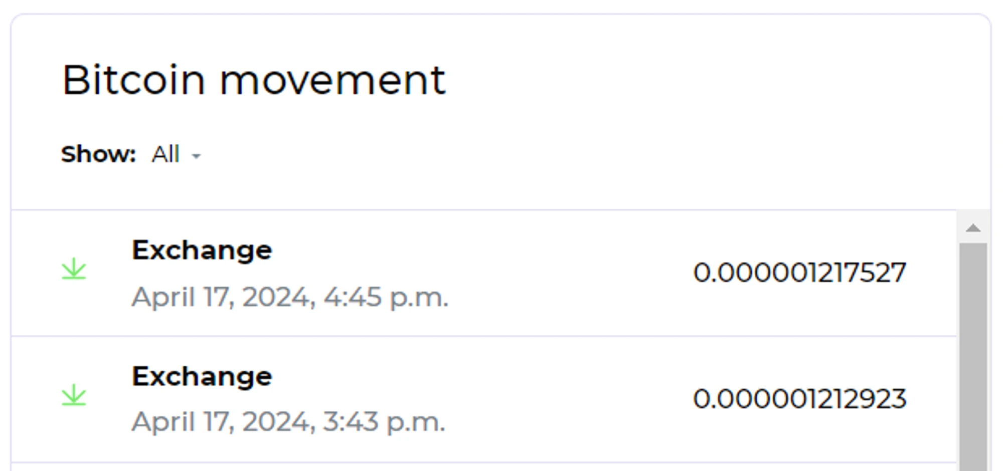 The Bitcoin Movement table in the Balance section