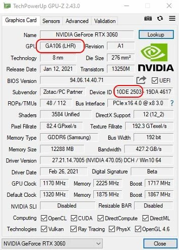 RTX 3060 GA106 (LHR) 10DE 2503 — software LHR